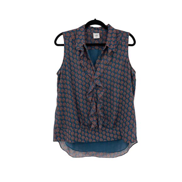Cabi Blouse Womens Medium Top Medallion Reign Teal Ruffle Sleeveless Hi Low 3275 - Picture 1 of 4